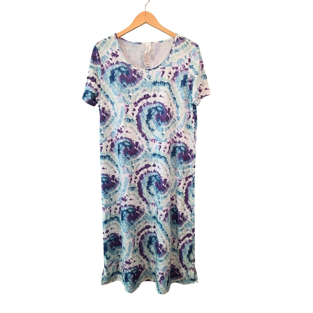 West Loop Womens XL Tie Dye Maxi Dress Blue Purple Short Sleeve Scoop Neck NWT
